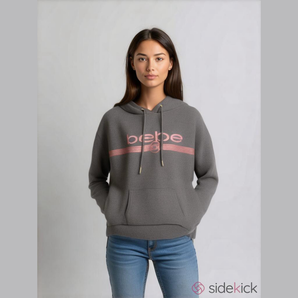 Bebe Glitter Logo Pullover Hooded Sweatshirt Women’s Charcoal Gray Size Large